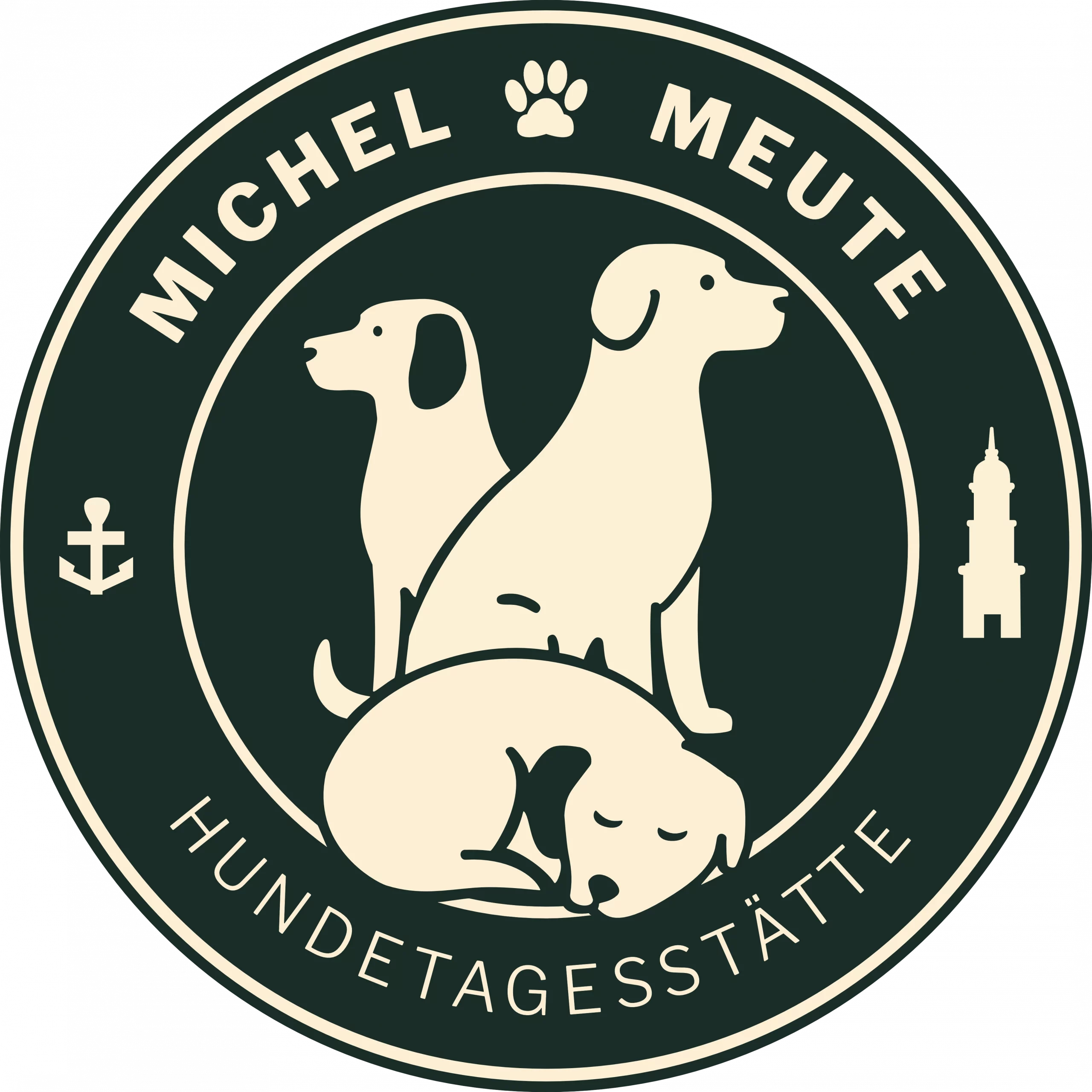 Rundes Logo, Michel Meute in der oberen runden, darunter 3 Hunde, ein schlafender Hund im vordergrund, 2 sitztende dahinter